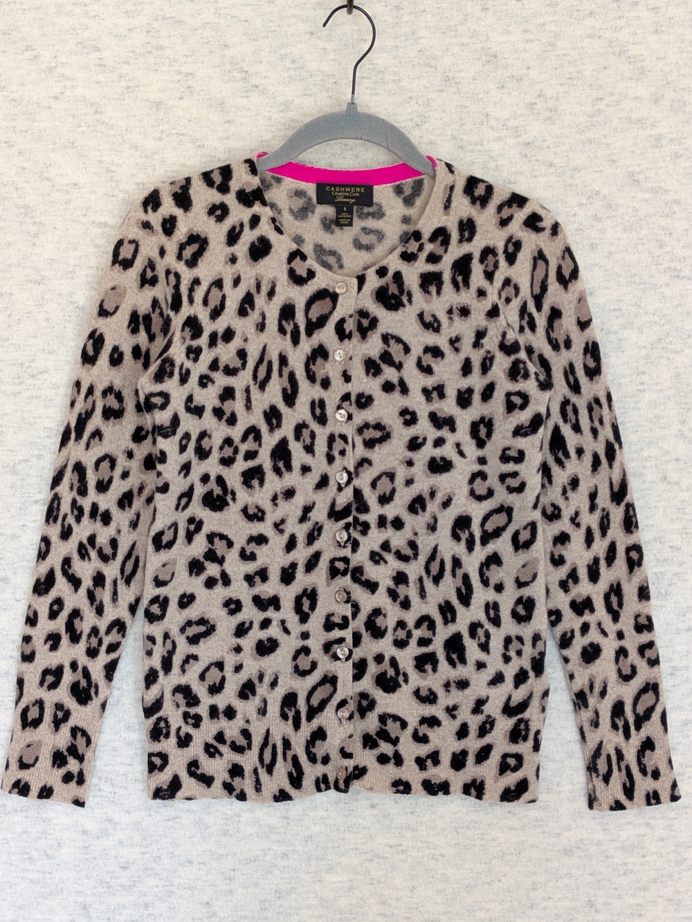 Charter Club Cashmere Leopard Print Button Front Cardigan Sz S Black Tan Pink
